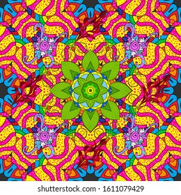 Cute floral pattern in the small flower. Elegant vector texture with floral elements. Abstract seamless pattern on green, magenta and yellow colors with bright flowers.
