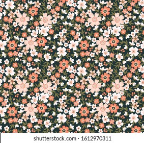 Cute floral pattern in the small flower. Ditsy print. Seamless vector texture. Elegant template for fashion prints. Printing with small pale pink flowers.  Dark background.
