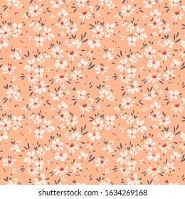 Cute floral pattern in the small flower. Ditsy print. Seamless vector texture. Elegant template for fashion prints. Printing with small white flowers. Light orange background.