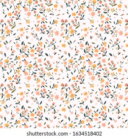 Cute floral pattern in the small flower. Ditsy print. Seamless vector texture. Elegant template for fashion prints. Printing with small pink and yellow flowers. White background.