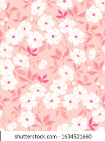 Cute floral pattern in the small flower. Ditsy print. Seamless vector texture. Elegant template for fashion prints. Printing with small white flowers. Light pink background.