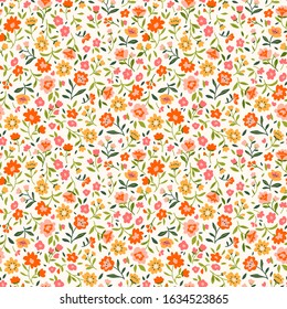 Cute floral pattern in the small flower. Ditsy print. Seamless vector texture. Elegant template for fashion prints. Printing with small orange flowers. White background.