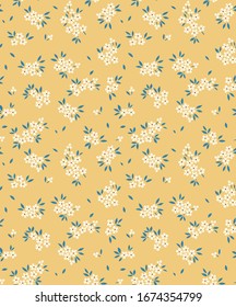 Cute floral pattern in the small flower. Ditsy print. Seamless vector texture. Elegant template for fashion prints. Printing with small white flowers. Light yellow background.