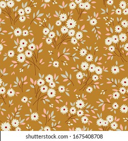 Cute floral pattern in the small flower. Ditsy print. Seamless vector texture. Elegant template for fashion prints. Printing with small white flowers. Pale gold background.