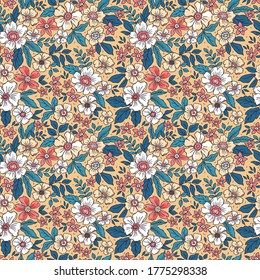 Cute floral pattern in the small flower. Seamless vector texture. Elegant template for fashion prints. Printing with small colorful flowers. Light beige background.