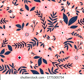 Cute floral pattern in the small flower. Ditsy print. Seamless vector texture. Elegant template for fashion prints. Printing with small pink and white flowers. Light pink background.