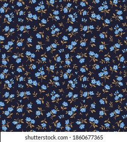 Cute floral pattern in the small flower. Seamless vector texture. Elegant template for fashion prints. Printing with small light blue flowers. Dark blue background. Stock vector for prints on surface.