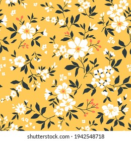 Cute floral pattern in the small flowers. Seamless vector texture. Elegant  template for fashion prints. Printing with small pink and yellow flowers.  White background. Stock Vector