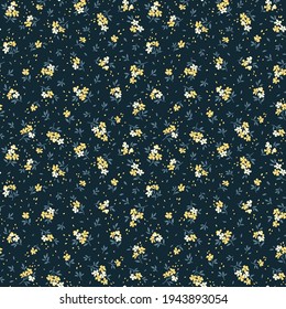 Cute floral pattern in the small flower. Seamless vector texture. Elegant template for fashion prints. Printing with small yellow  flowers. Dark blue background. Stock print.