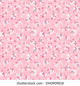 Cute floral pattern in the small flower. Seamless vector texture. Elegant template for fashion prints. Printing with small white and pink flowers. Light pink background. Stock print.