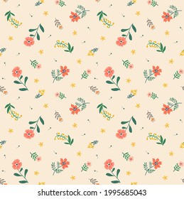 Cute floral pattern in the small flower. Seamless vector texture. Elegant template for fashion prints. Printing with small orange flowers. Ecru background. Stock vector for prints on surface.