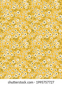 Frische Blumenmuster in der kleinen Blume. Nahtlose Vektorstruktur. Elegante Vorlage für Modedrucke. Bedruckt mit kleinen, beigen Blumen. gelber Senfhintergrund. Stock-Vektorgrafik für Drucke.