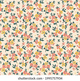 Cute floral pattern in the small flower. Seamless vector texture. Elegant template for fashion prints. Printing with small yellow flowers. Ecru background. Stock vector for prints on surface.