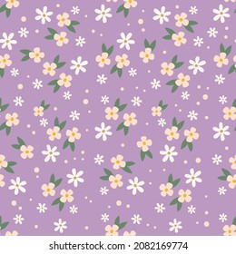 Patrón floral lindo en la flor pequeña. Impresión Ditsy. Textura vectorial sin inconvenientes. Plantilla para impresiones de moda. Impresión con flores blancas pequeñas. Fondo púrpura claro