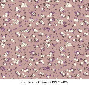 Cute floral pattern in the small flower. Seamless vector texture. Elegant template for fashion prints. Printing with small white flowers. Violet brown background. Stock print.