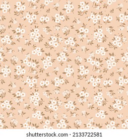 Cute floral pattern in the small flower. Seamless vector texture. Elegant template for fashion prints. Printing with small white flowers. Light rose coral background. Stock print.