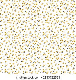 Cute floral pattern in the small flower. Seamless vector texture. Elegant template for fashion prints. Printing with small yellow flowers. White background. Stock print.