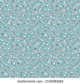 Cute floral pattern in the small flower. Ditsy print. Seamless vector texture. Elegant template for fashion prints. Printing with small white and pink flowers. Light blue background.