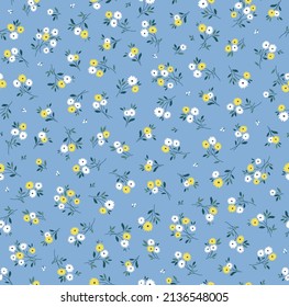 Cute floral pattern in the small flower. Seamless vector texture. Elegant template for fashion prints. Printing with small white and yellow flowers. Light blue background. Stock print.