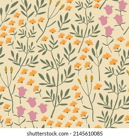 Frische Blumenmuster in der kleinen Blume. Ditsy-Druck. Nahtlose Vektorstruktur. Elegante Vorlage für Modedrucke. Drucken mit kleinen weißen Blumen. hellorangefarbener Hintergrund.