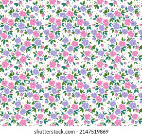 Cute floral pattern in the small flower. Seamless vector texture. Elegant template for fashion prints. Printing with small purple and pink flowers. White background. Stock print.