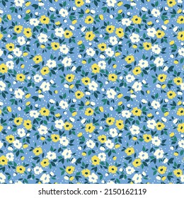 Cute Floral Pattern In The Small Flower. Seamless Vector Texture. Elegant Template For Fashion Prints. Printing With Small White And Yellow Flowers. Light Blue Background. Stock Print.