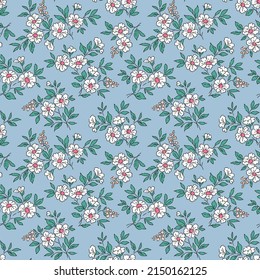 Cute floral pattern in the small flower. Seamless vector texture. Elegant template for fashion prints. Printing with small white flowers. Light blue background. Stock print.