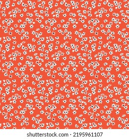 Cute floral pattern in the small flower. Seamless vector texture. Elegant template for fashion prints. Printing with small white  flowers. Orange red background. Stock print.