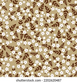 Patrón floral lindo en la flor pequeña. Impresión Ditsy. Textura vectorial sin inconvenientes. Elegante plantilla para impresiones de moda. Impresión con flores blancas pequeñas. Fondo beige.