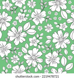 Cute floral pattern in a small flower. Seamless vector texture. An elegant template for fashionable prints. Printing with white flowers and leaves,black outline. green background.