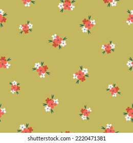 Cute floral pattern in a small flower. Seamless vector texture. An elegant template for fashionable prints. Print with small   white and red flowers . gold  background.