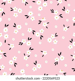 Cute floral pattern in a small flower. Seamless vector texture. An elegant template for fashionable prints. Print with small  white flowers and black leaves. pink background.