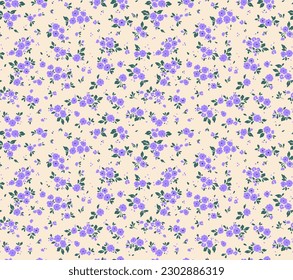 Cute floral pattern in the small flower. Seamless vector texture. Elegant template for fashion prints. Printing with small lilac flowers. Ivory background. Stock print.