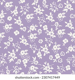 Cute floral pattern in a small flower. Seamless vector texture. An elegant template for fashionable prints. Print with small white and blue flowers on a purple background.