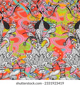 Cute Floral pattern in the small flower. seamless floral pattern with nice doodles flowers. Beautiful fabric pattern. vector illustration. Paisley. Orange, yellow, white. Frame. Branches. Bud. 