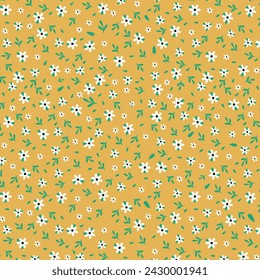 Cute floral pattern in the small flower. Ditsy print. Motifs scattered random. Seamless vector texture. Elegant template for fashion prints. Printing with small white flowers. Yellow background.