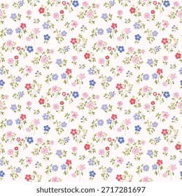 Cute Floral pattern in the small flower. Floral ditsy print. Gentle flower seamless pattern. Pretty mini plant on blue field. Botanical design textile texture. Tiny colorful flowers on light background