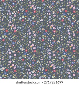 Cute Floral pattern in the small flower. Floral ditsy print. Gentle flower seamless pattern. Pretty mini plants on blue field. Botanical design textile texture. Tiny colorful flowers on blue background, design for fashion, fabric, wallpaper, wrapping 
