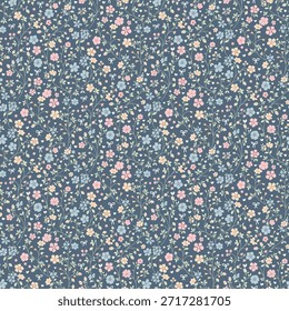 Padrão floral bonito na flor pequena. Impressão de ditsy floral. Flor suave padrão sem emenda. Bonitas miniplantas no campo azul. Textura têxtil de design botânico. Flores coloridas pequenas no fundo azul, design para moda, tecido, papel de parede, envolvendo 