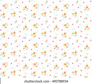 Cute Floral pattern in the small flower. "Ditsy print". Motifs scattered random. Seamless vector texture. Elegant template for fashion prints. Printing with small yellow flowers. White background.