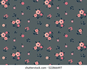 Cute Floral pattern in the small flower. "Ditsy print". Motifs scattered random. Seamless vector texture. Elegant template for fashion prints. Printing with very small pink flowers. Gray background.