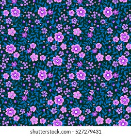 Cute Floral pattern in the small flower. "Ditsy print". Motifs scattered random. Seamless vector texture. Elegant template for fashion prints. Printing with very small violet flowers. Blue background.