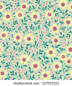 Cute Floral pattern in the small flower. "Ditsy print". Motifs scattered random. Seamless vector texture. Elegant template for fashion prints. Printing with small yellow flowers. Ivory  background.
