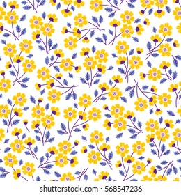 Cute Floral pattern in the small flower. "Ditsy print". Motifs scattered random. Seamless vector texture. Elegant template for fashion prints. Printing with small yellow flowers. White background.