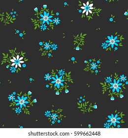 Cute floral pattern in the small flower. Ditsy print. Motifs scattered random. Seamless vector texture. Elegant template for fashion prints. Printing with small blue flowers. Dark gray background.