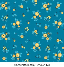 Cute floral pattern in the small flower. Ditsy print. Motifs scattered random. Seamless vector texture. Elegant template for fashion prints. Printing with small yellow flowers. Dark Blue background.