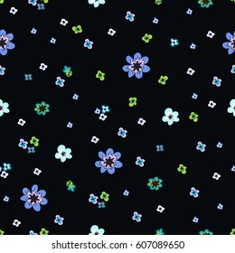 Cute Floral pattern in the small flower. "Ditsy print". Seamless vector texture. Elegant template for fashion prints. Printing with very small colorful flowers. Black background