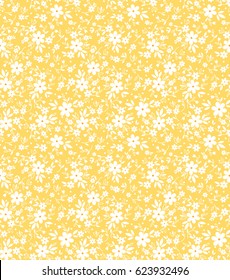 Cute floral pattern in the small flower. Ditsy print. Seamless vector texture. Elegant template for fashion prints. Printing with small white flowers. Light yellow background.