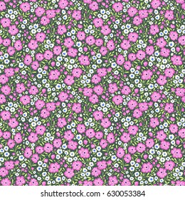 Cute Floral pattern in the small flower. Ditsy print. Motifs scattered random. Seamless vector texture. Elegant template for fashion prints. Printing with very small purple flowers. Gray background.