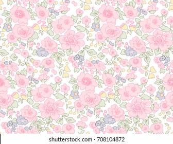 Cute Floral pattern in the small flower. "Ditsy print". Motifs scattered random. Seamless vector texture. Elegant template for fashion prints. Printing with very small pink flowers. White background.